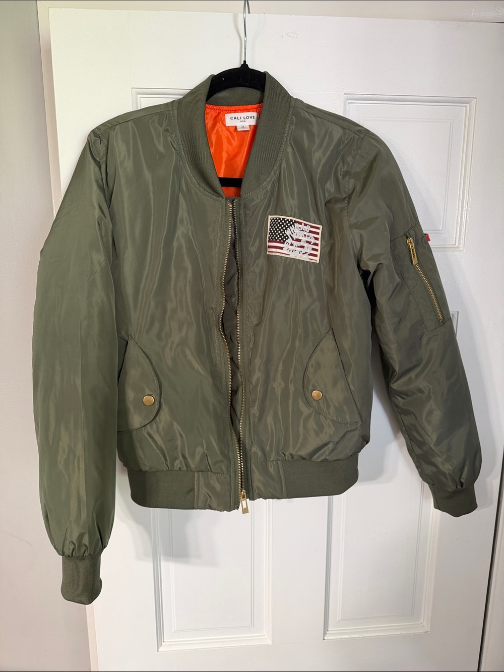 Olive Green Bomber Jacket with Orange Lining